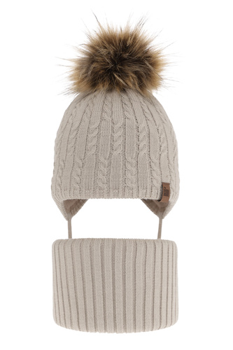 Ensemble d'hiver garçon: bonnet et snood, beige, avec liens, avec pompon, Indigo