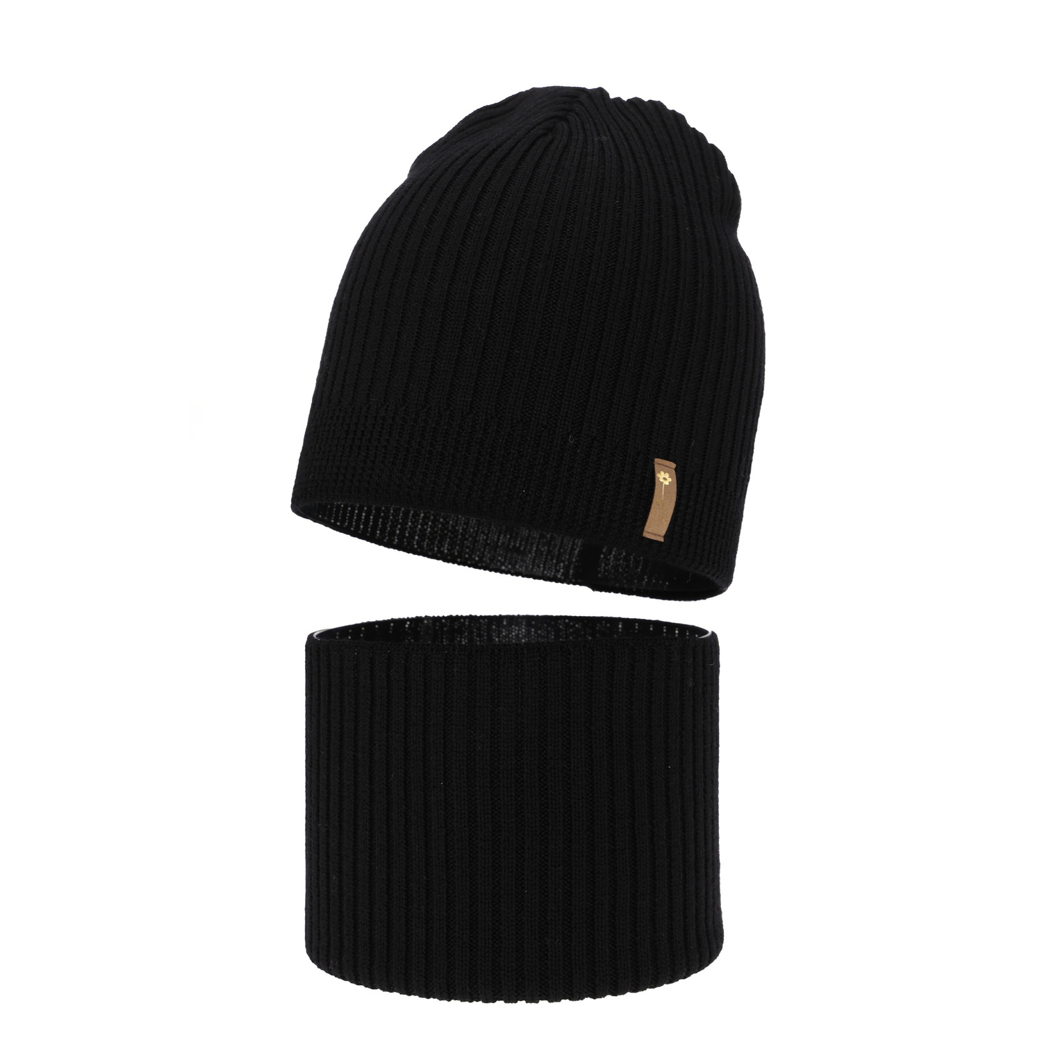 Ensemble automne/printemps fille: bonnet et snood, noir, avec laine mérinos, Chelsie