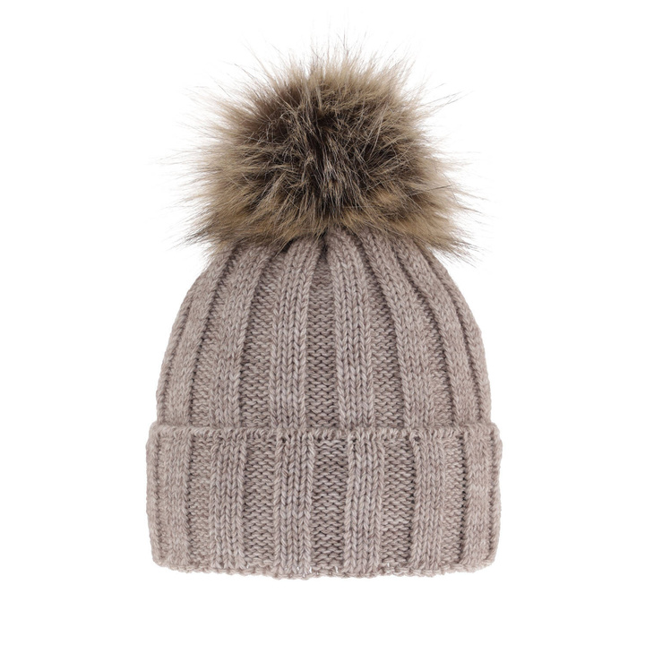 Dames wintermuts, beige, met garen pompon, Mokka
