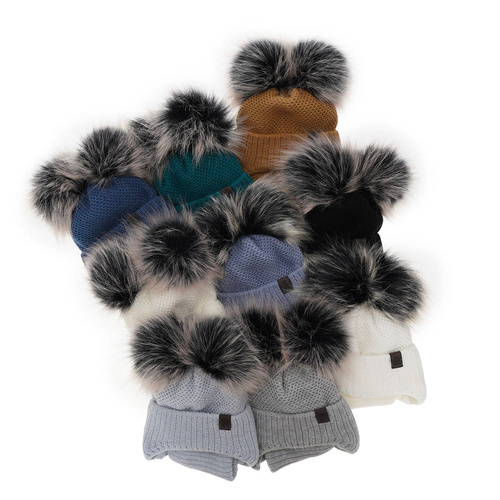 Jongens winter set muts en buissjaal, blauw, met twee pompons garen, met bindkoorden, Randel