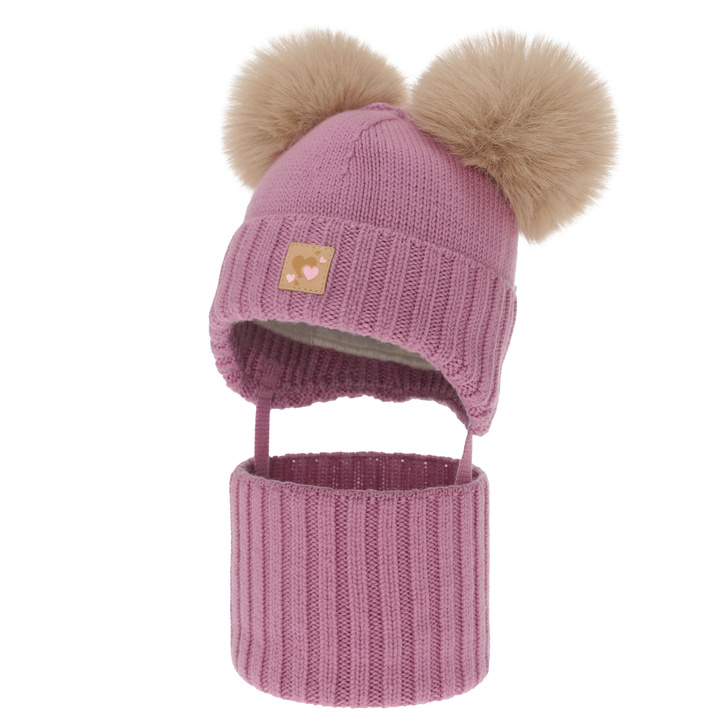Meisjes muts en col, winter set, paars, 100% merinowol, gevoerd met wollen fleece, Ronia