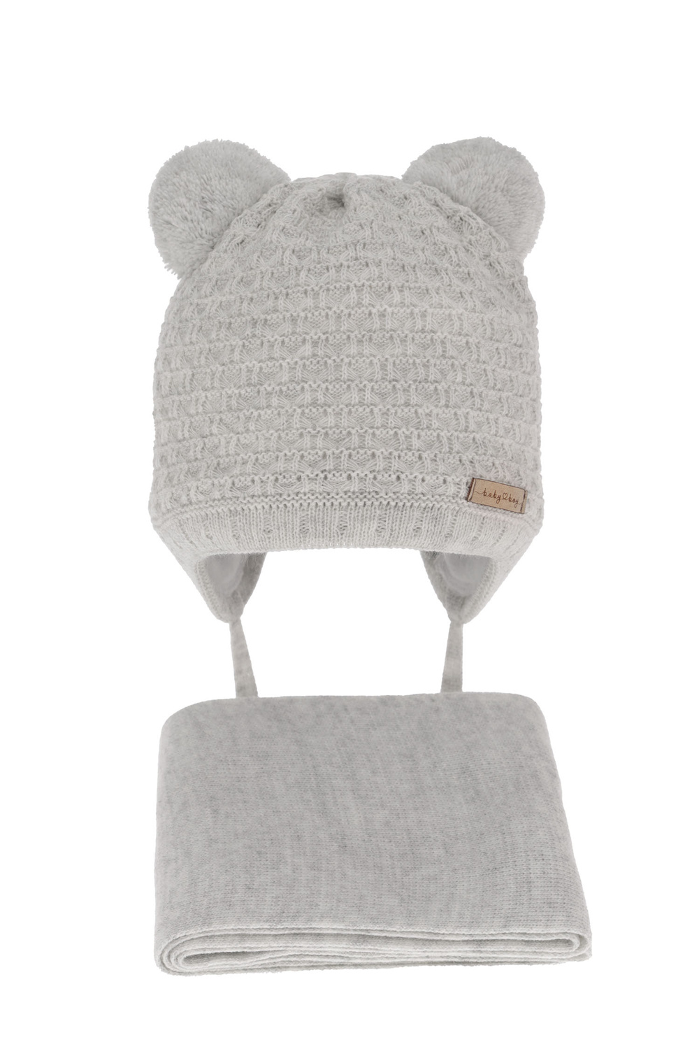 Ensemble d'hiver garçon: bonnet et écharpe, gris, avec deux pompons, lié, Franki