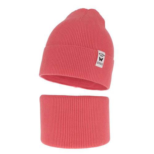 Ensemble automne/printemps fille: bonnet et snood, met katoen, corail, Leonita