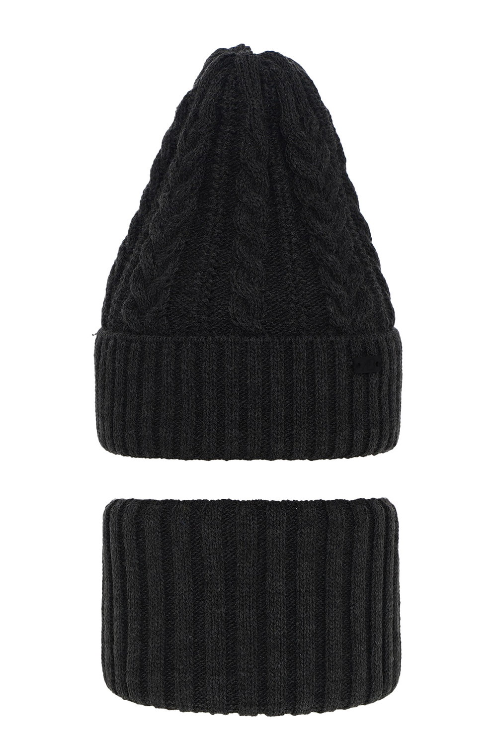 Ensemble d'hiver garçon: bonnet et snood, gris foncé, avec écusson, Colins