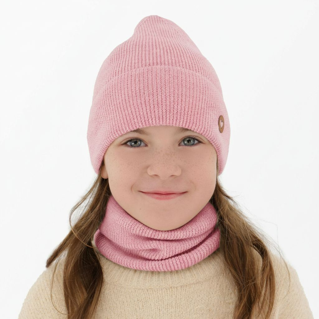 Ensemble automne/printemps fille: bonnet et snood, rose, avec laine mérinos, Brook