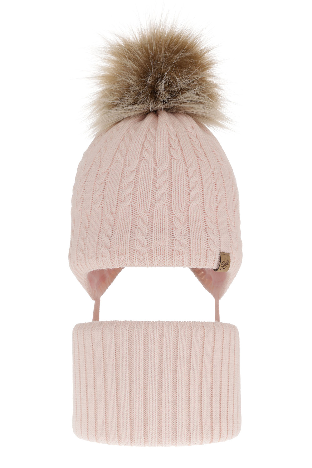 Ensemble d'hiver fille: bonnet et snood, rose clair, avec pompon, avec liens, Loreley
