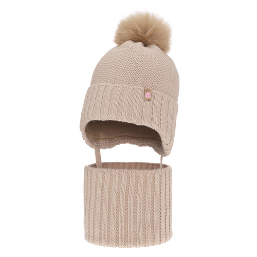 Ensemble d'hiver fille: bonnet et snood, beige, avec pompon, Kaya