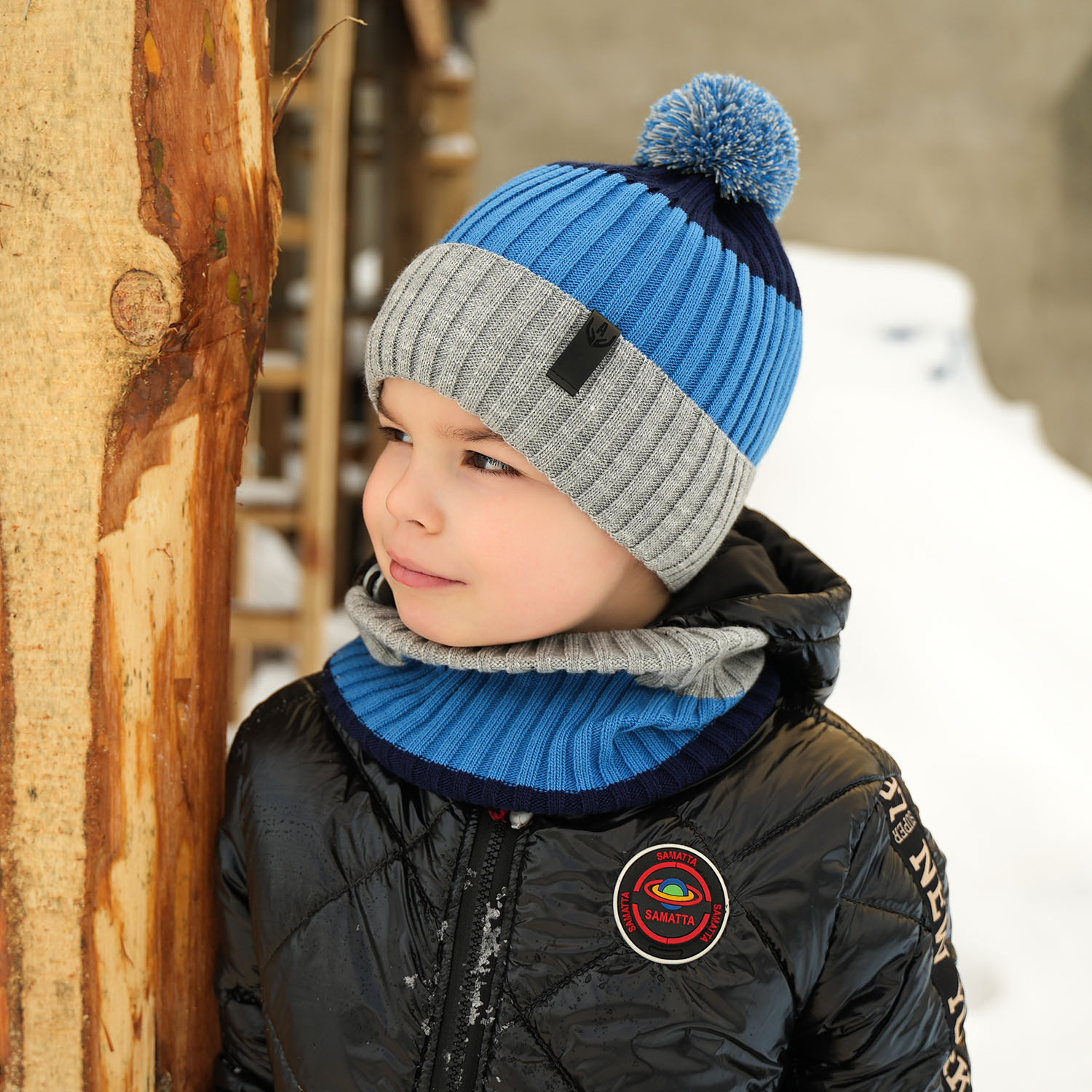 Jongens winter set muts en buissjaal, rood, met garen pompon, Karson