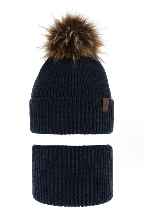 Ensemble d'hiver garçon: bonnet et snood, bleu marine, avec pompon, Modus