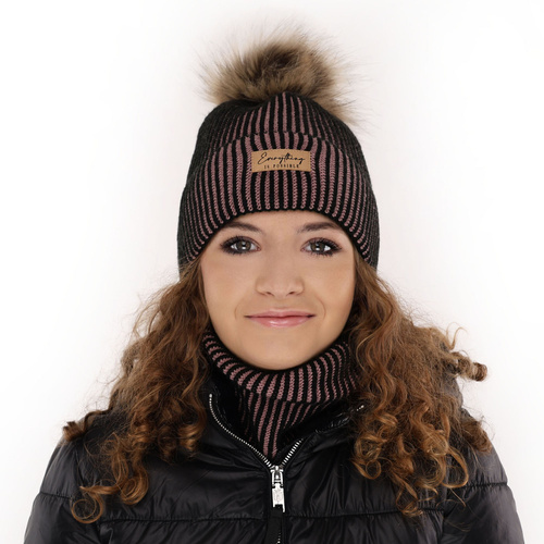 Ensemble d'hiver fille: bonnet et snood, gris, avec pompon, Floryda