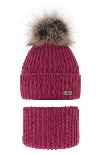 Ensemble d'hiver fille: bonnet et snood, rose, avec pompon, Willow