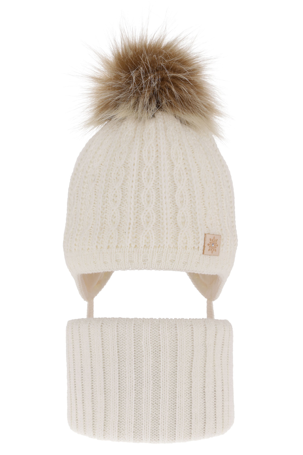 Ensemble d'hiver fille: bonnet et snood, crème, avec pompon, Passa