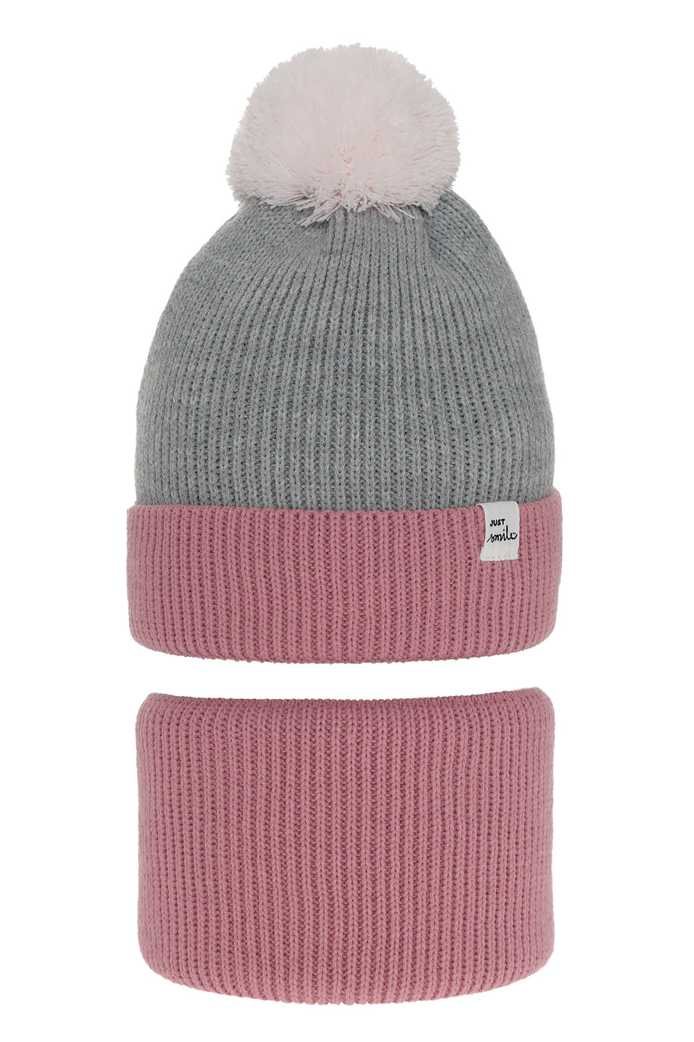 Meisjes winter set muts en buissjaal, roze, met garen pompon, Rosalin