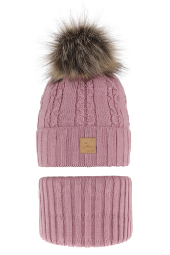 Ensemble d'hiver fille: bonnet et snood, violet, avec pompon, Alexia