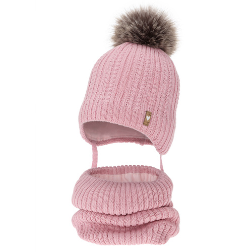 Ensemble d'hiver fille: bonnet et snood, rose, avec laine mérinos, avec pompon, avec liens, Muanda