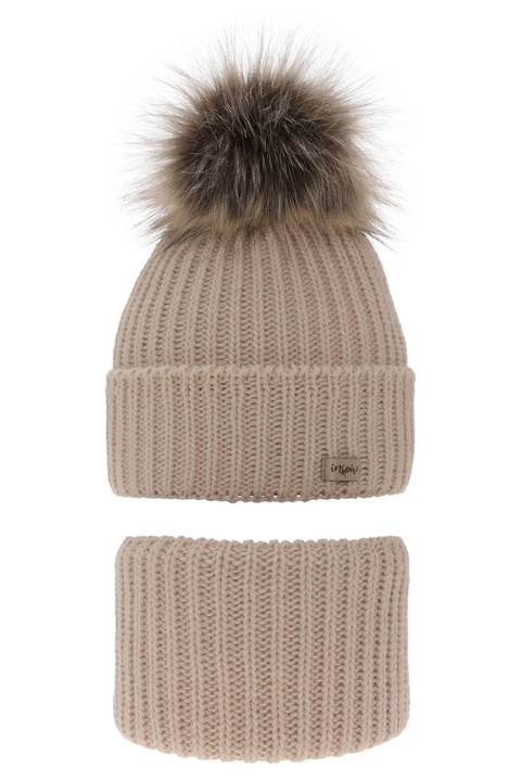 Ensemble d'hiver fille: bonnet et snood, beige, avec pompon, Willow