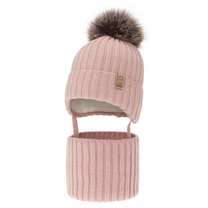 Ensemble d'hiver fille: bonnet et snood, rose, avec pompon, Abigail