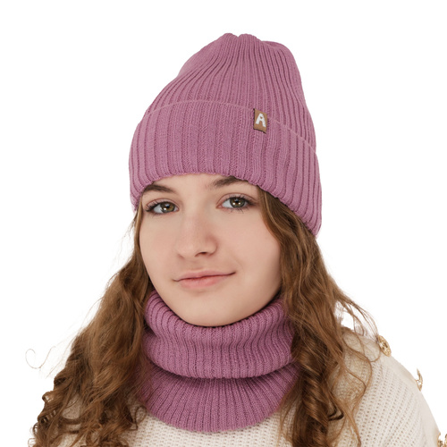 Ensemble d'hiver fille: bonnet et snood, violet, avec laine mérinos, doublé de polaire, Peggy