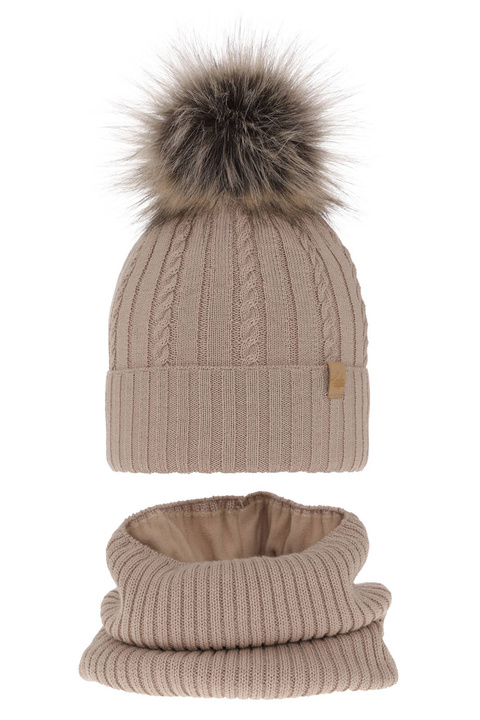 Ensemble d'hiver fille: bonnet et snood, beige, avec laine mérinos, Mirabel