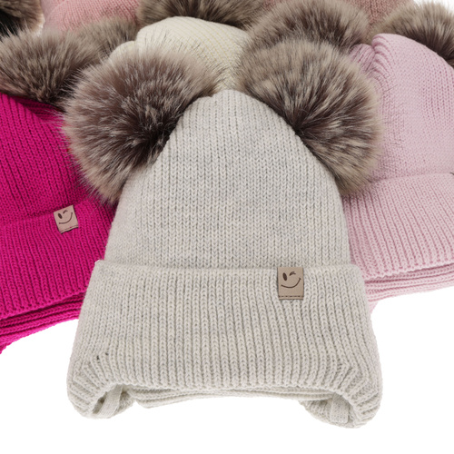 Ensemble d'hiver fille: bonnet et snood, noir, avec deux pompons, avec liens, Zori