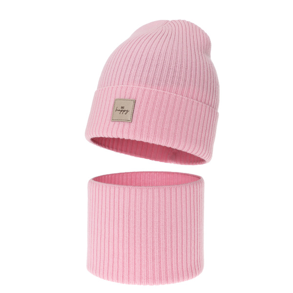 Ensemble automne/printemps fille: bonnet et snood, rose, avec laine mérinos, Vanita