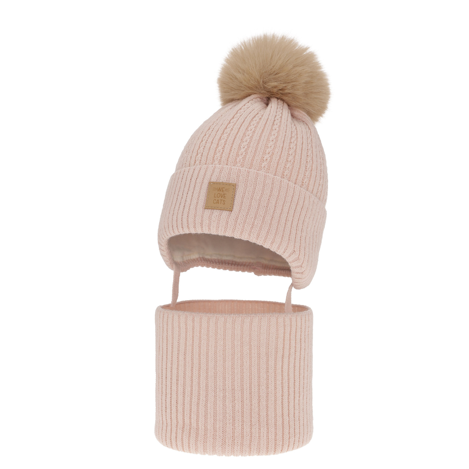 Ensemble d'hiver fille: bonnet et snood, rose clair, avec pompon, Betty