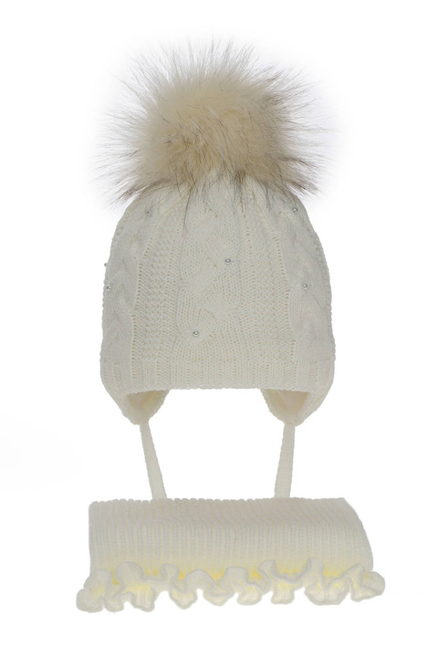 Ensemble d'hiver fille: bonnet et écharpe, crème, avec pompon, Mirella