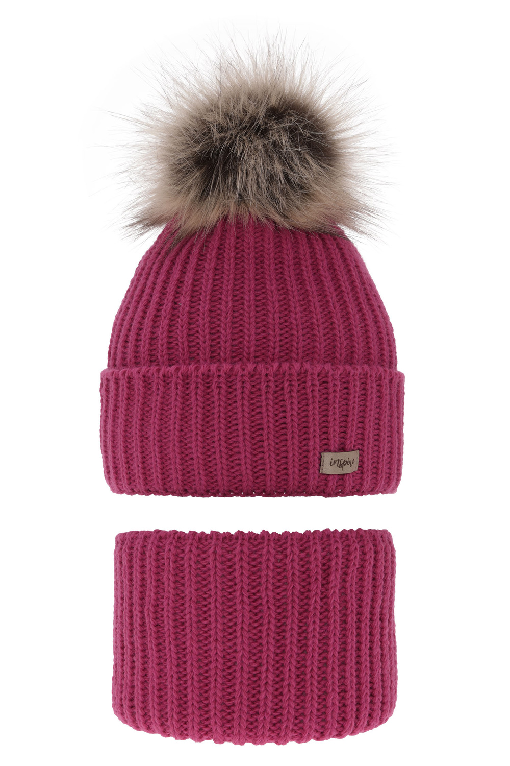 Ensemble d'hiver fille: bonnet et snood, rose, avec pompon, Willow