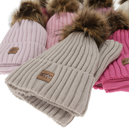 Meisjes winter set (muts en buissjaal), beige, gevoerd met fleece, met merinowol, Bellina