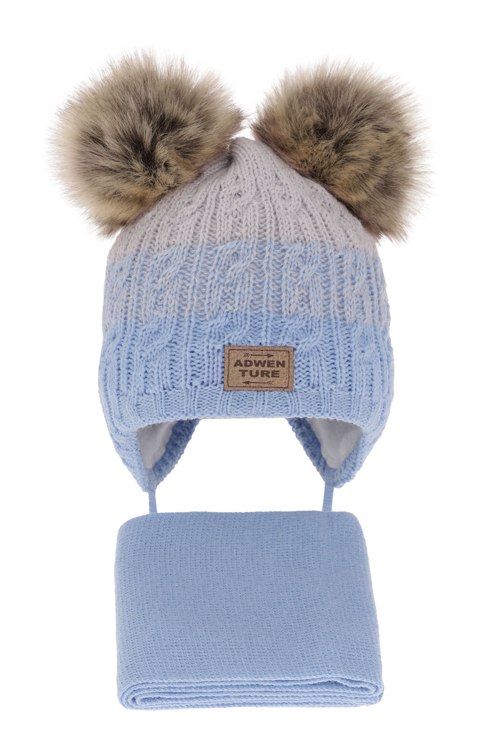 Ensemble d'hiver garçon: bonnet et écharpe, bleu clair, avec deux pompons, Platon