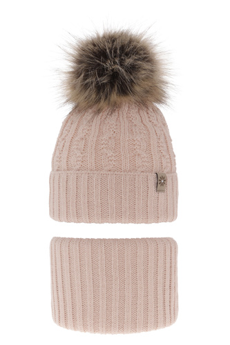 Ensemble d'hiver fille: bonnet et snood, beige, avec pompon, Pretoria