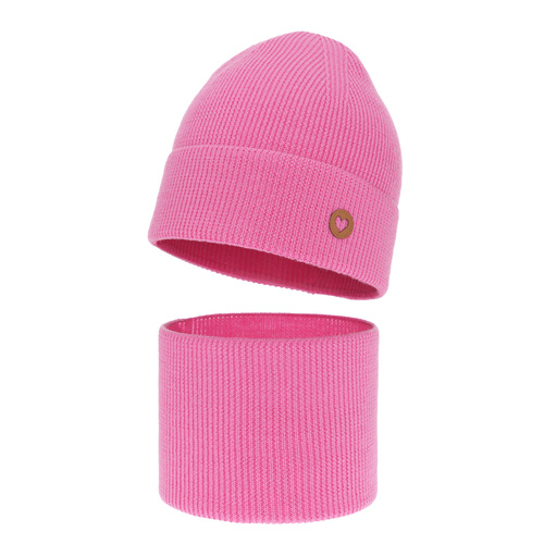 Ensemble automne/printemps fille: bonnet et snood, rose, avec laine mérinos, Brook