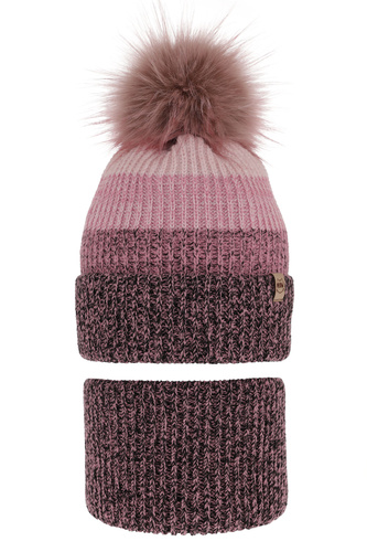 Ensemble d'hiver fille: bonnet et snood, noir, avec pompon, Gimena