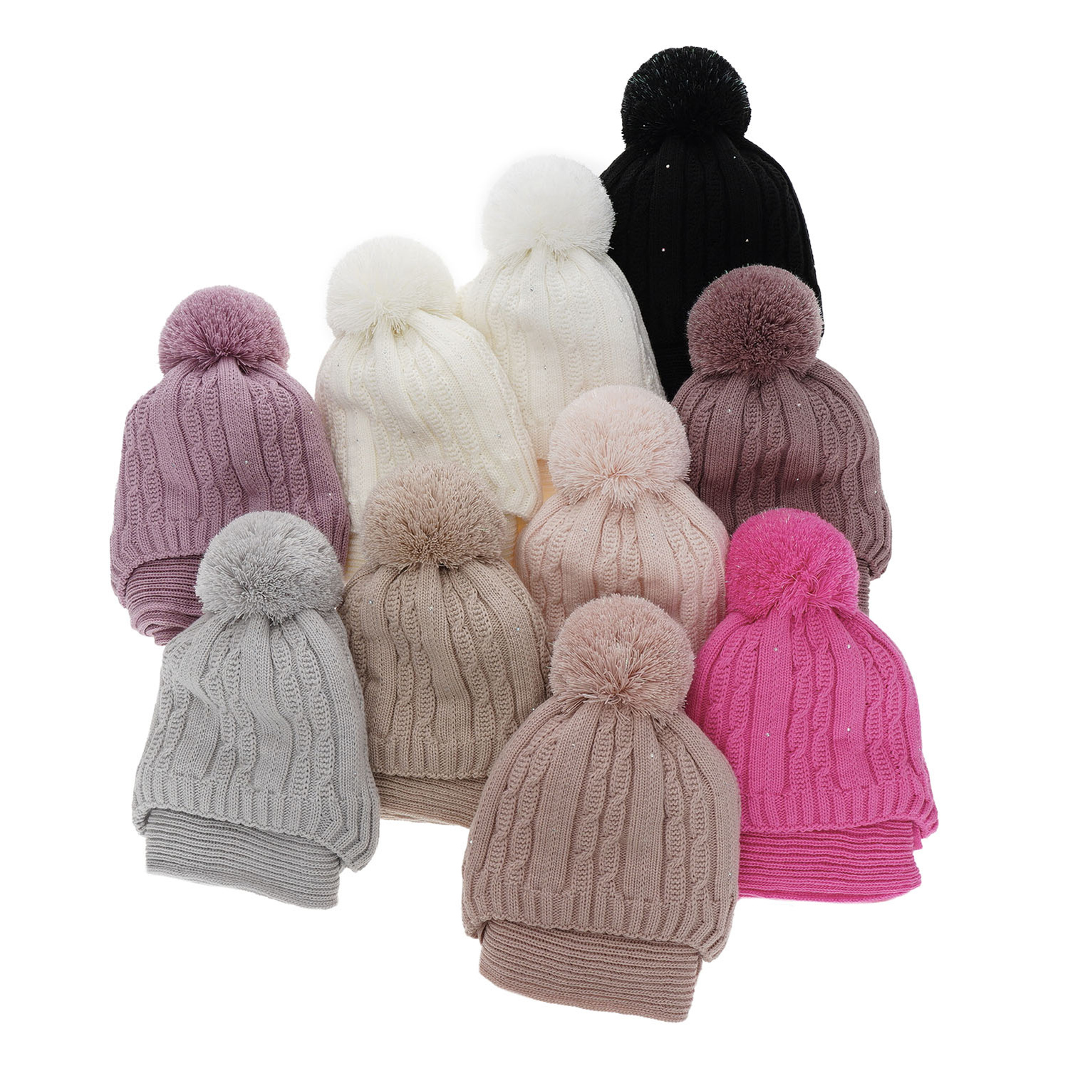 Meisjes winter set muts en sjaal, beige, met garen pompon, Candy