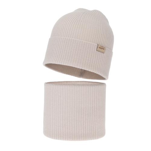 Meisjes herfst/lente set (muts en buissjaal), beige, 100% Merino Wol, Magenta