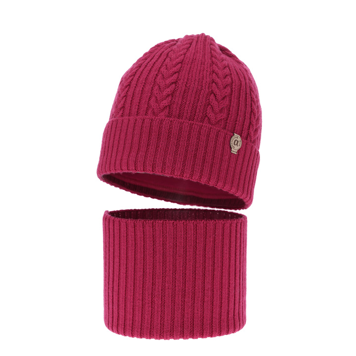 Ensemble d'hiver fille: bonnet et snood, amarantowy, avec laine mérinos, Jenny