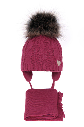 Meisjes winter set muts en sjaal, roze, met garen pompon, Morena