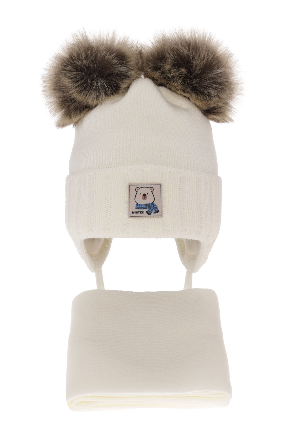 Ensemble d'hiver garçon: bonnet et écharpe, crème, avec deux pompons, wiązany Jewel
