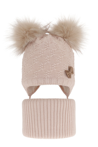 Ensemble d'hiver fille: bonnet et snood, rose, avec deux pompons, avec liens, Bettina
