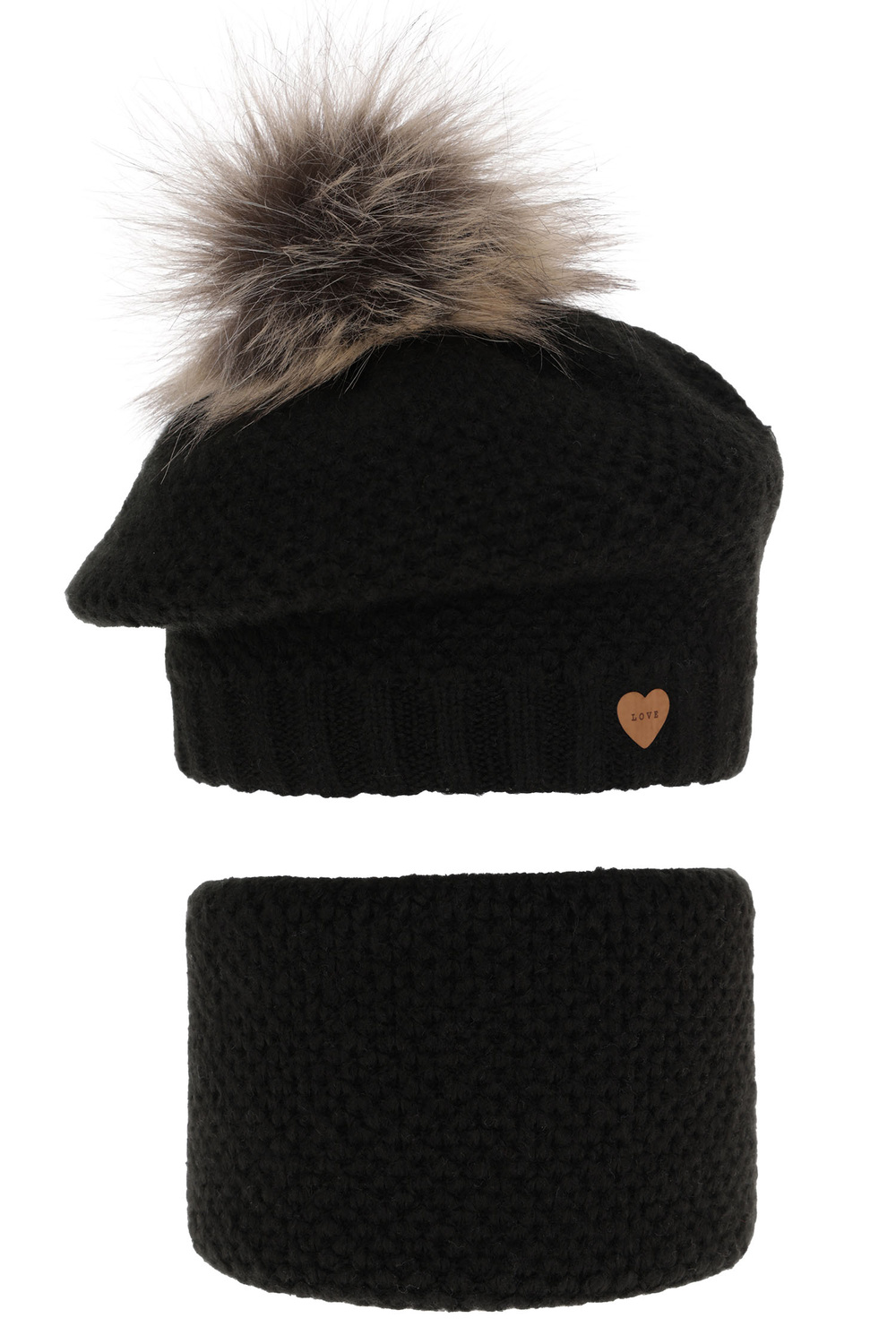 Ensemble d'hiver fille: beret et snood, noir, avec pompon, Francesca