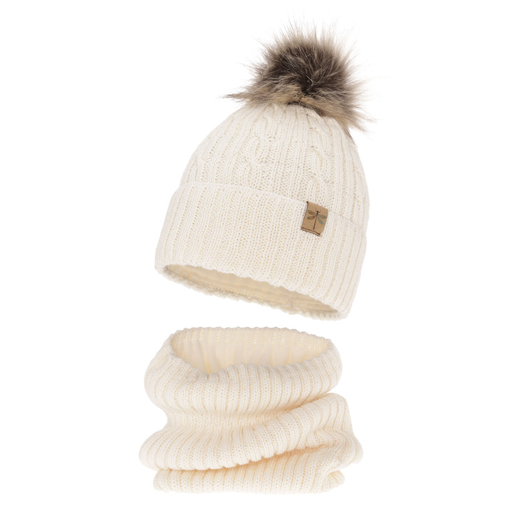 Ensemble d'hiver fille: bonnet et snood, crème, avec pompon, avec laine mérinos, Aprilia