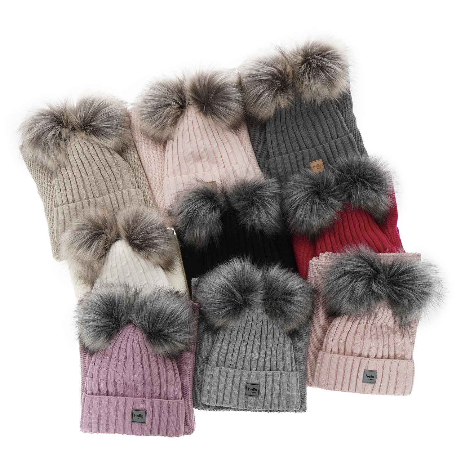 Ensemble d'hiver fille: bonnet et écharpe, rose, avec deux pompons, Zenda