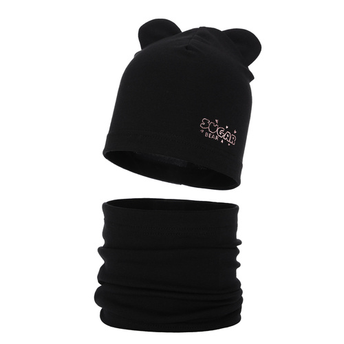 Ensemble automne/printemps fille: bonnet et snood, noir, en coton, Cyntia
