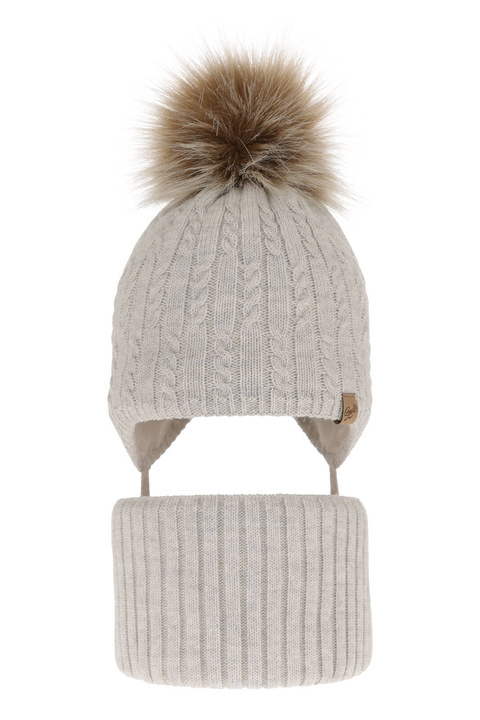 Ensemble d'hiver fille: bonnet et snood, gris, avec pompon, Loreley