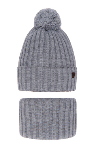 Jongens winter set muts en sjaal, grijs, met garen pompon, Wiliam