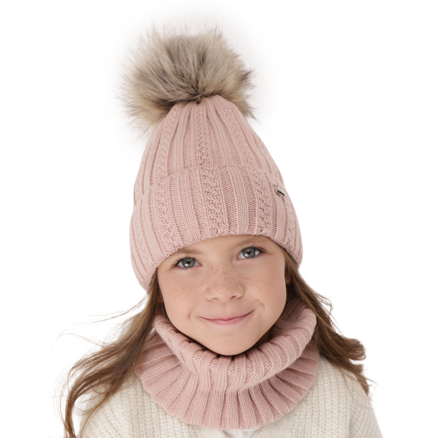 Ensemble d'hiver fille: bonnet et snood, lilas, avec pompon, Wirginia