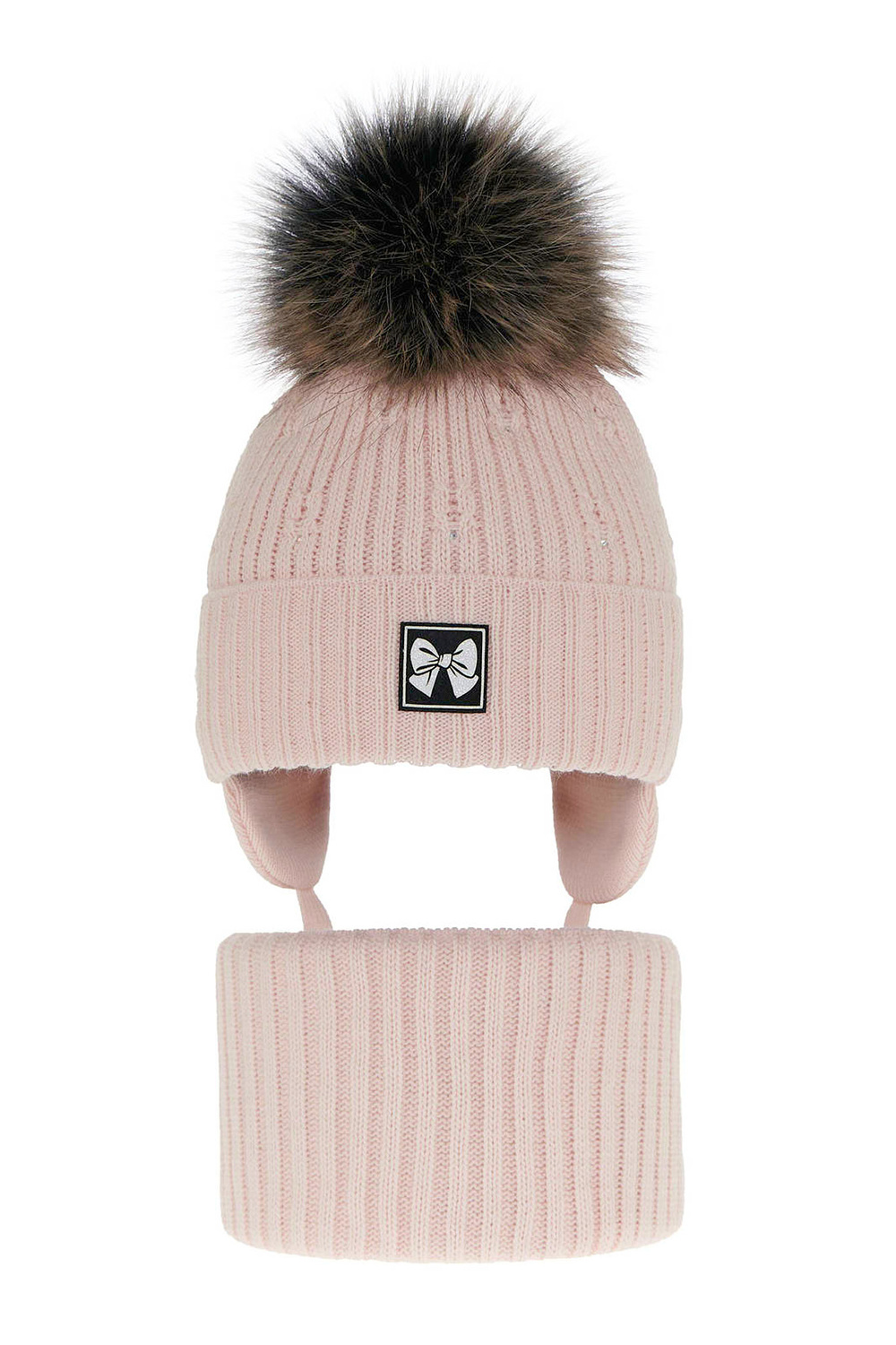 Ensemble d'hiver fille: bonnet et snood, rose, avec pompon, Kinia