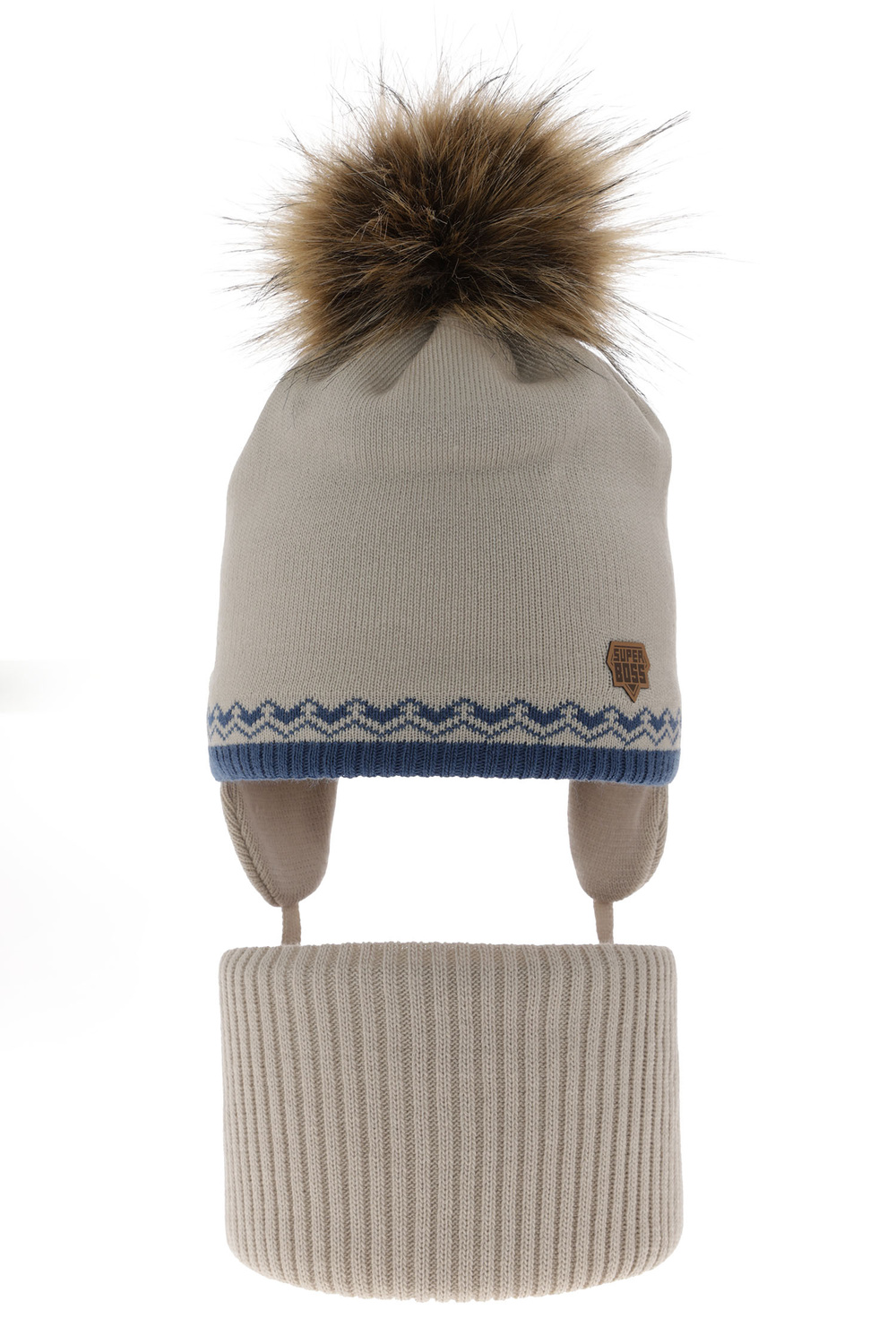 Ensemble d'hiver garçon: bonnet et snood, beige, avec liens, avec pompon, Elpis