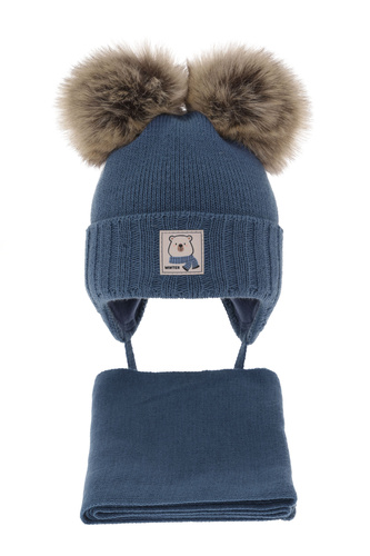 Ensemble d'hiver garçon: bonnet et écharpe, bleu, avec deux pompons, Jewel