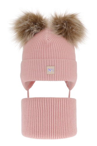 Ensemble d'hiver fille: bonnet et snood, rose, avec deux pompons, avec liens, Kiara